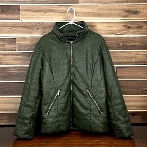 Ashley Stewart womens 10 Faux Leather Olive Green Puffer Coat Silver Zipper